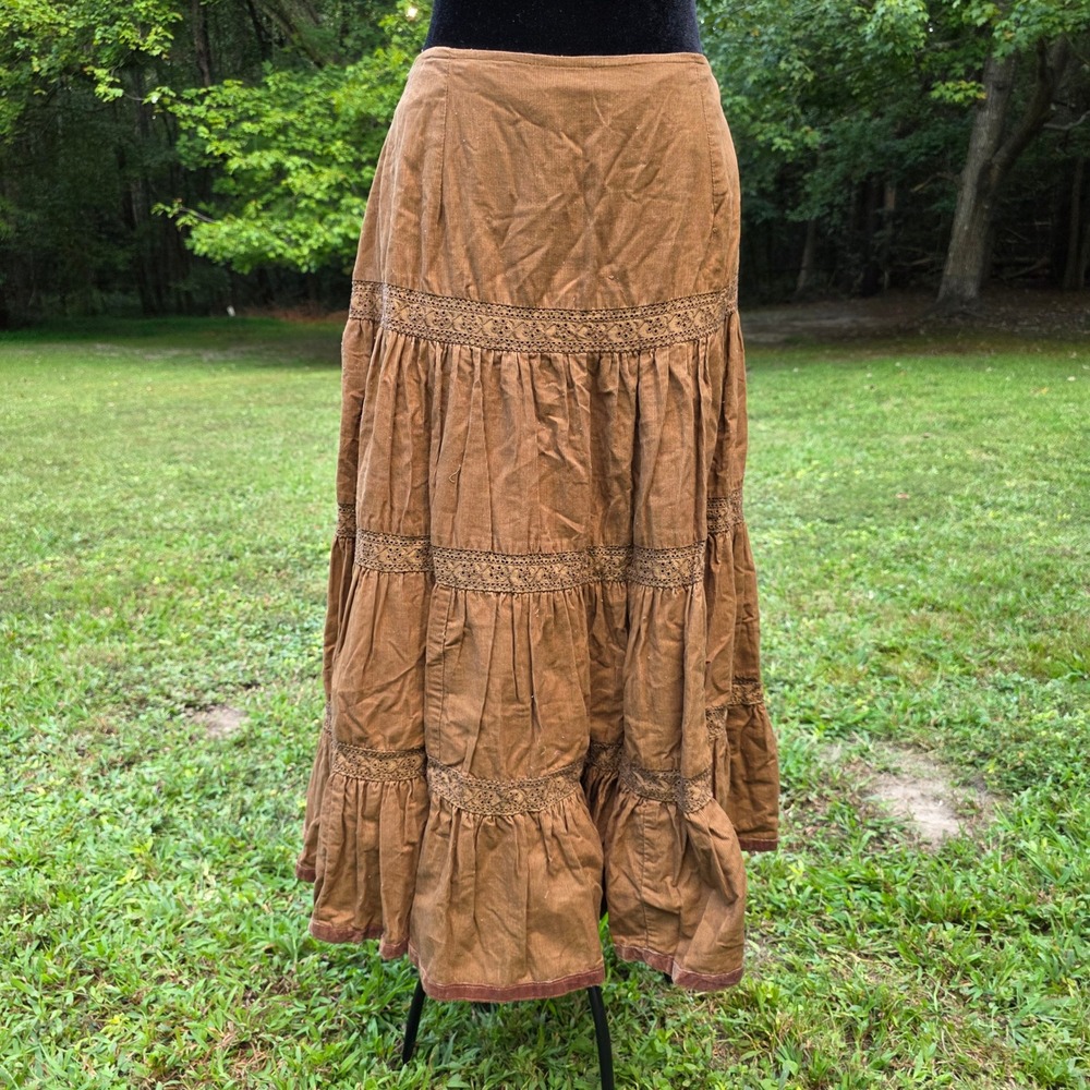 Vintage Y2K Womens 14W Brown Corduroy Tiered Lace Maxi Skirt Boho Whimsigoth